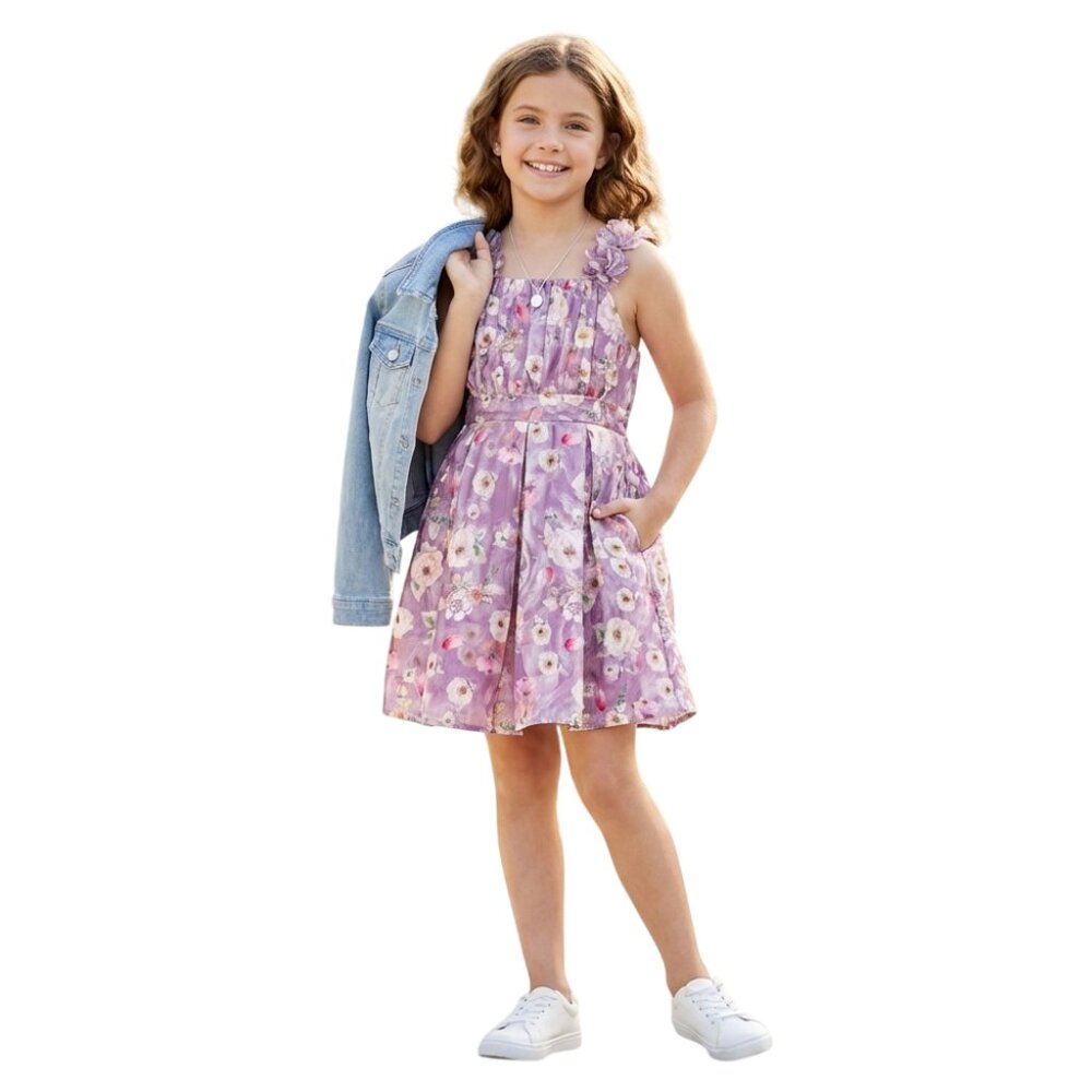 Peppermint Girls A-Line Floral Print Dress - Comfortable Summer Smocked Bodice